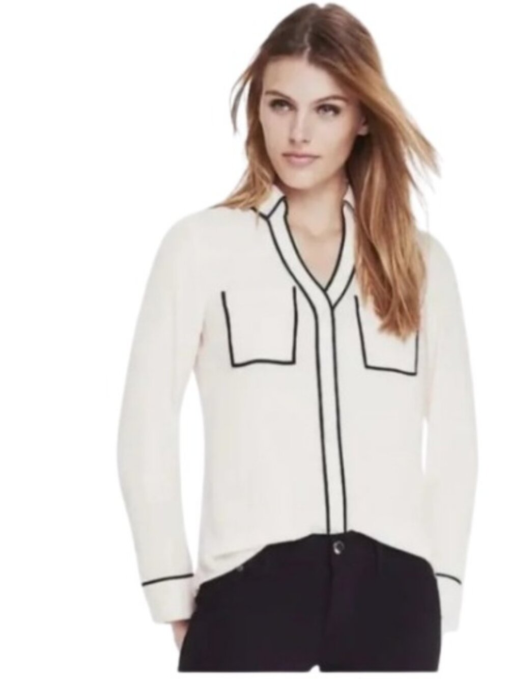 Express Womens Original Portofino Shirt White Black Piping Pockets Tab Sleeves S